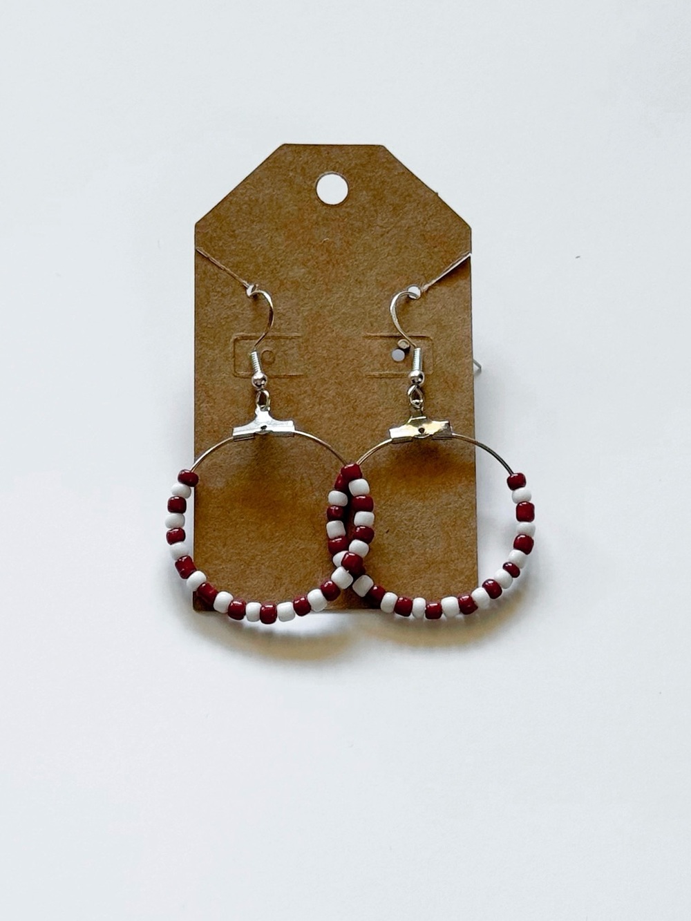 Beaded Red and White Hoop Earrings